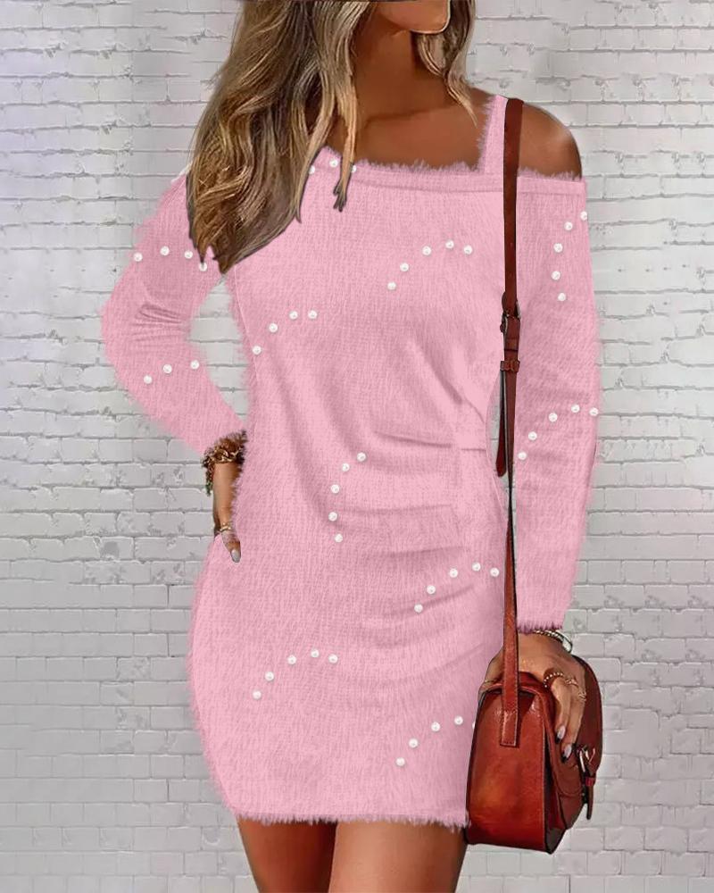

Cold Shoulder Pearls Decor Ruched Fuzzy Dress, Pink