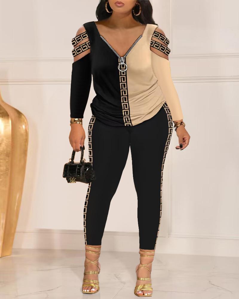 

Plus Size Geometric Print Colorblock Cold Shoulder Top & Pants Set, Black
