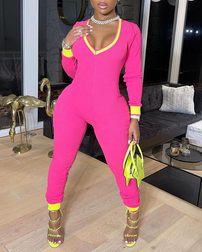 

Colorblock Zipper Design Skinny Jumpsuit, Hot pink