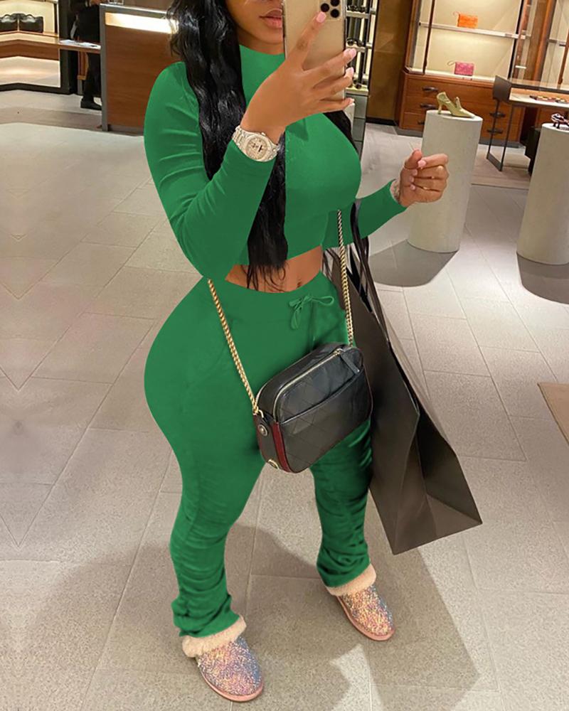 

Plain Long Sleeve Top & Ruched Pant Set, Green