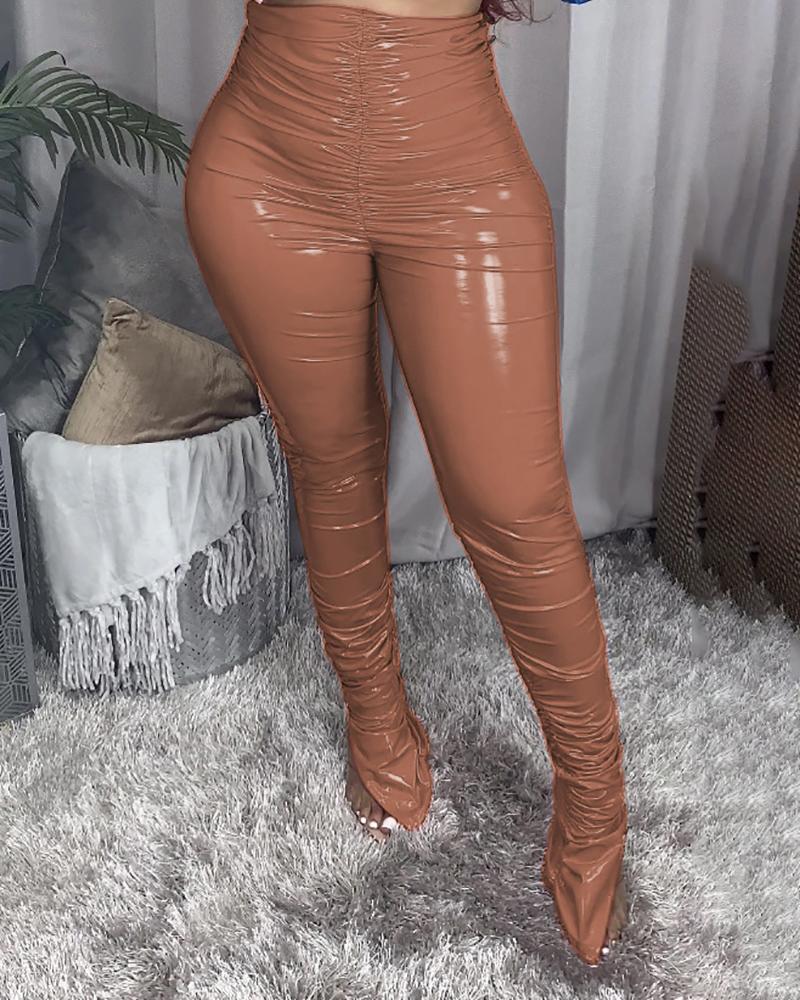 

PU Leather High Waist Fold Ruched Slit Skinny Pants, Brown