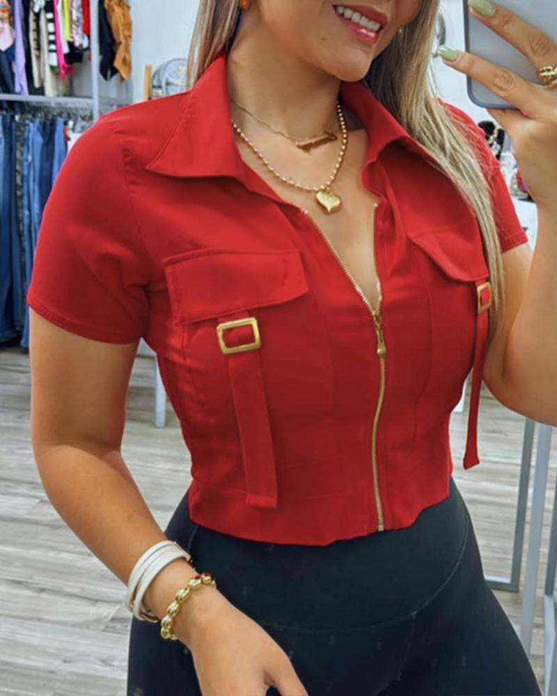 

Blusa informal de manga corta con cuello vuelto y cremallera frontal y diseño de bolsillo cargo, Red
