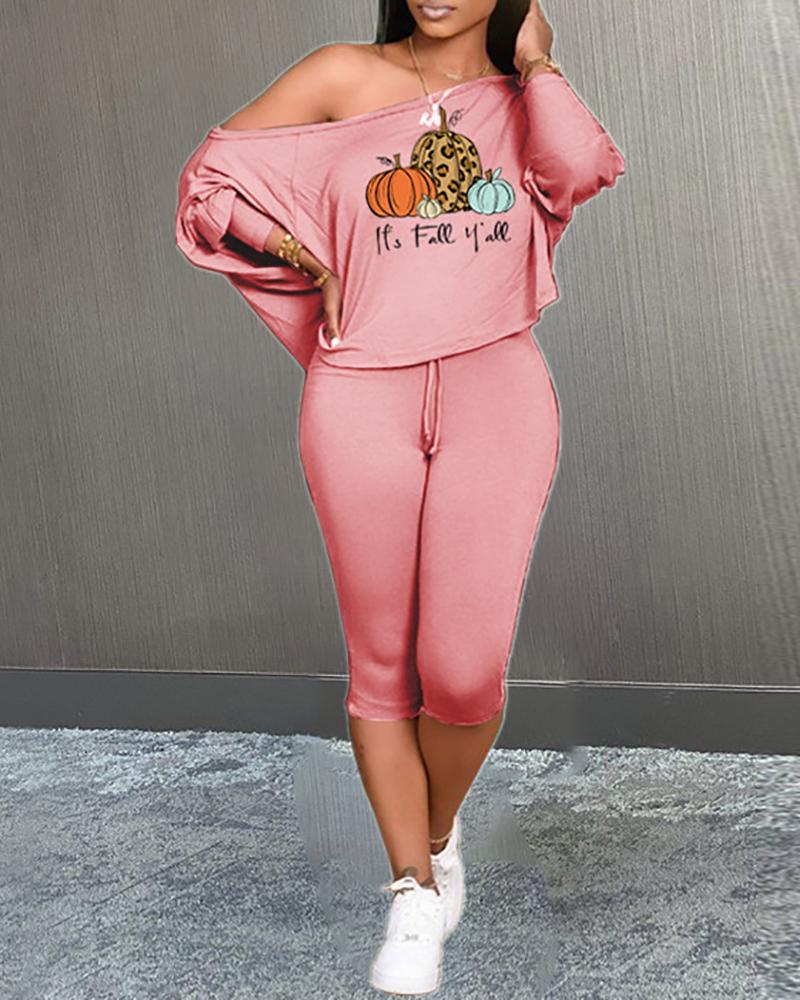 

Halloween Pumpkin Letter Print Top & Drawstring Pants Set, Pink
