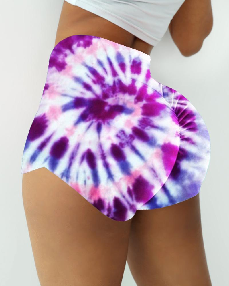 

High Waist Tie Dye Print Ruched Sporty Shorts, Purple