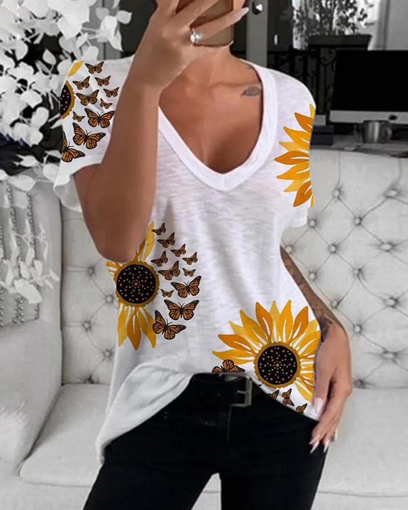 

Sunflower Butterfly Print Short Sleeve Casual T-shirt, White