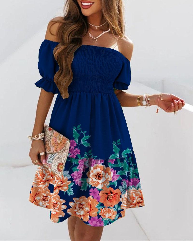 

Floral Print Off Shoulder Shirred Swing Dress, Purplish blue