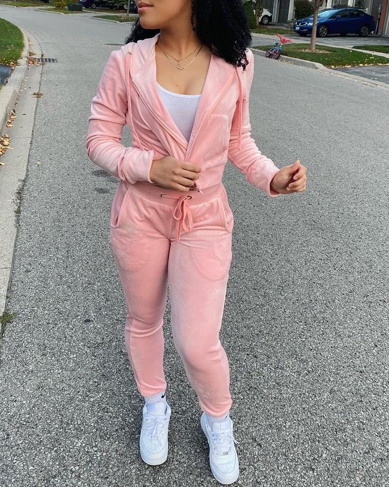 

Pocket Zipper Design Fluffy Hooded Top & Drawstring Pants Set, Pink