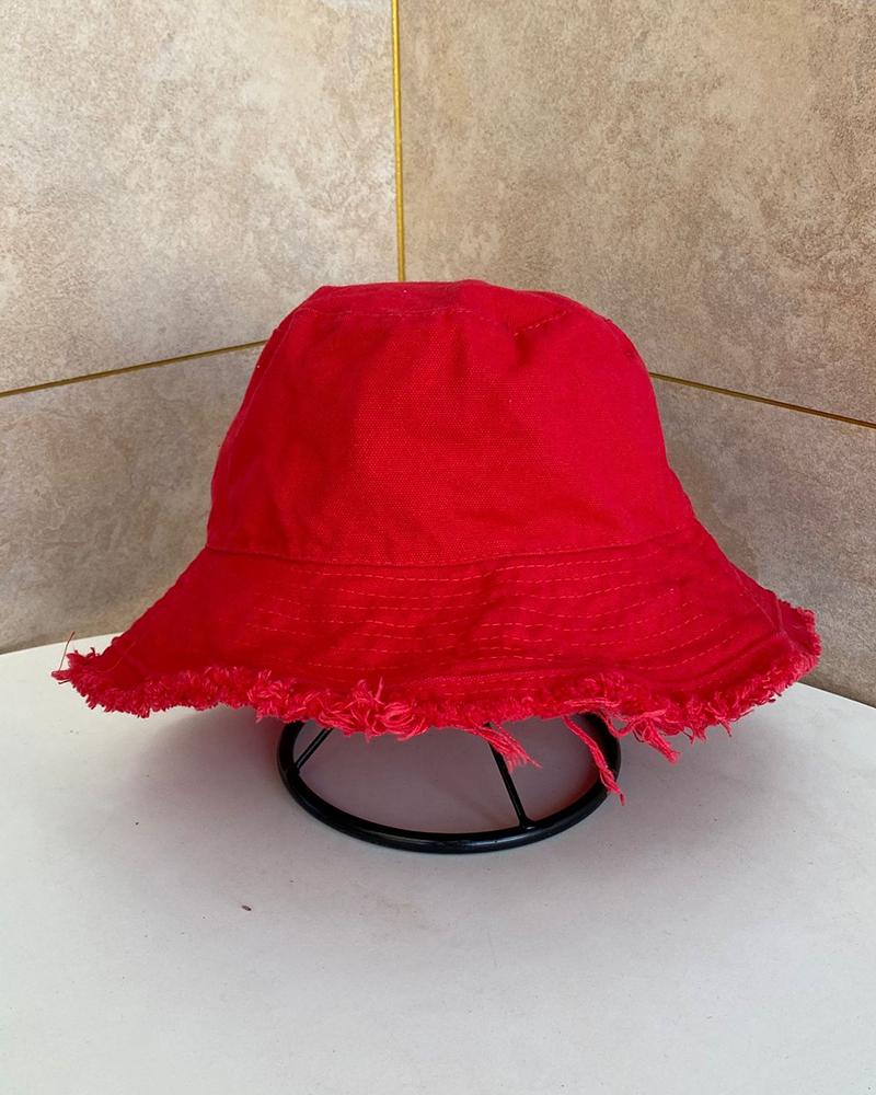 

Fringe Hem Wide Brim Sun Bucket Fishing Hat, Red