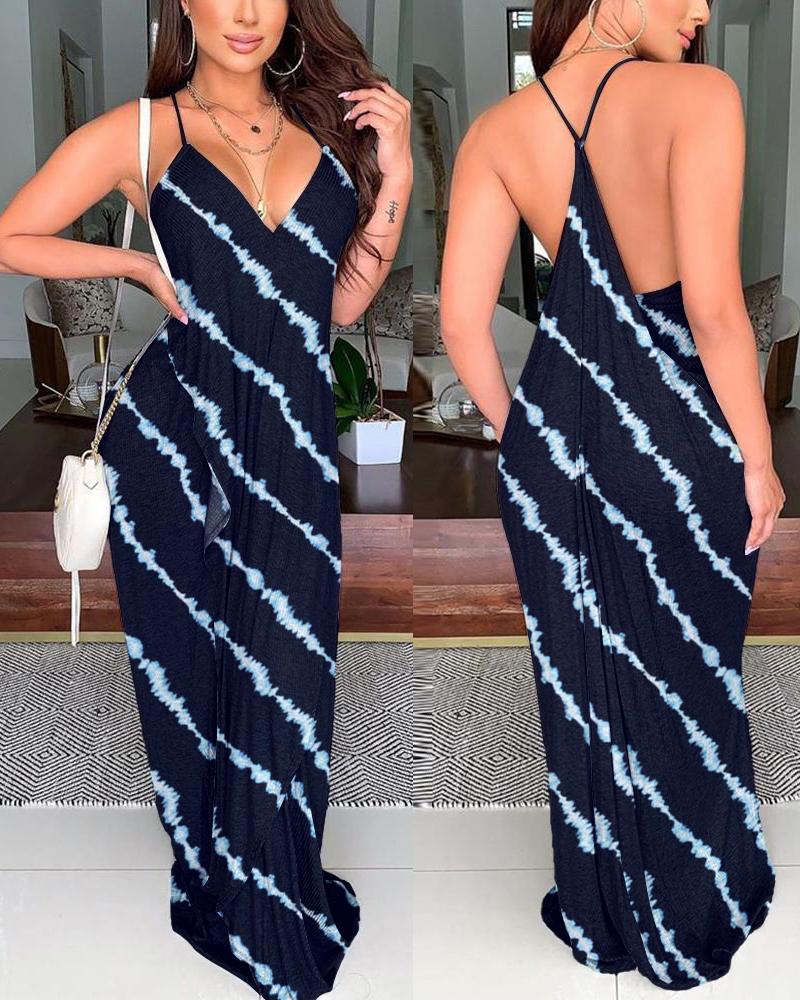 

Tie Dye Print Patchwork Backless Casual Cami Dress, Purplish blue