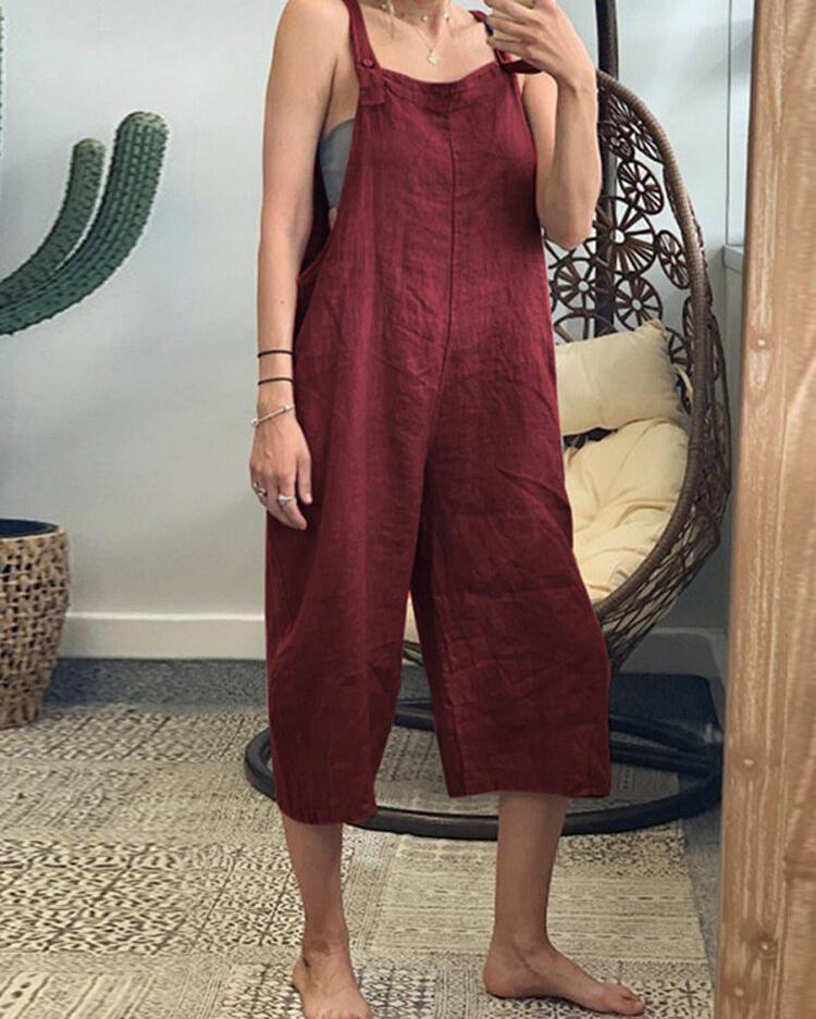 

Square Neck Sleeveless Buttoned Suspender Jumpsuit, Wine red