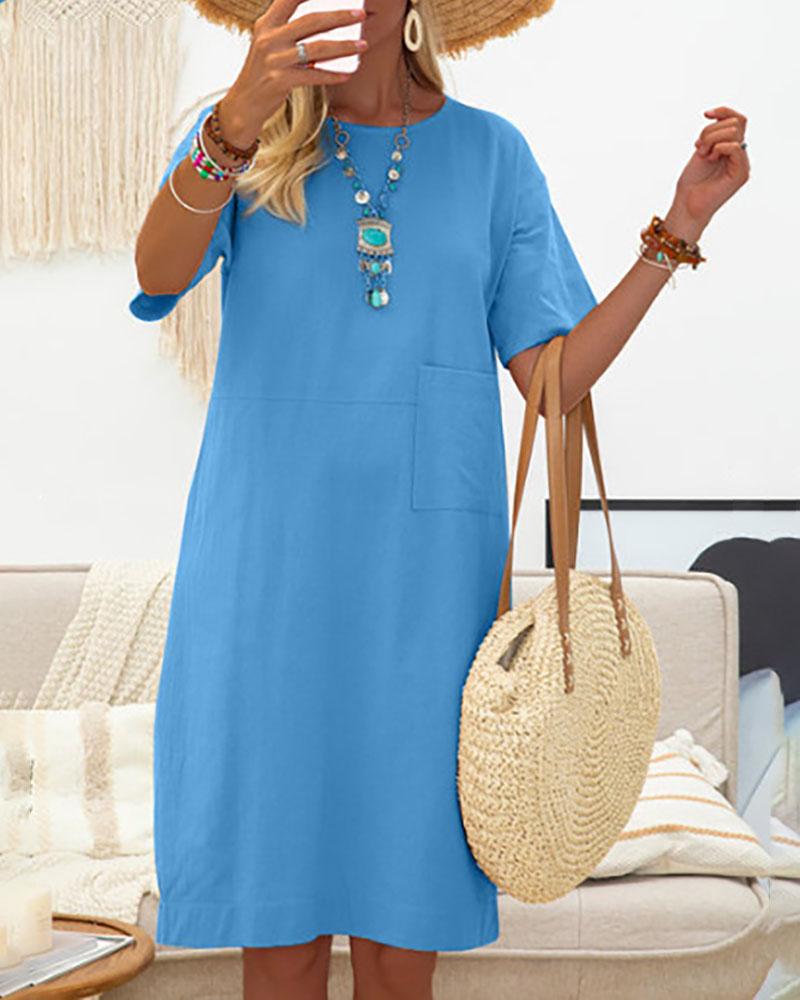 

Pocket Design Solid Casual Dress, Blue