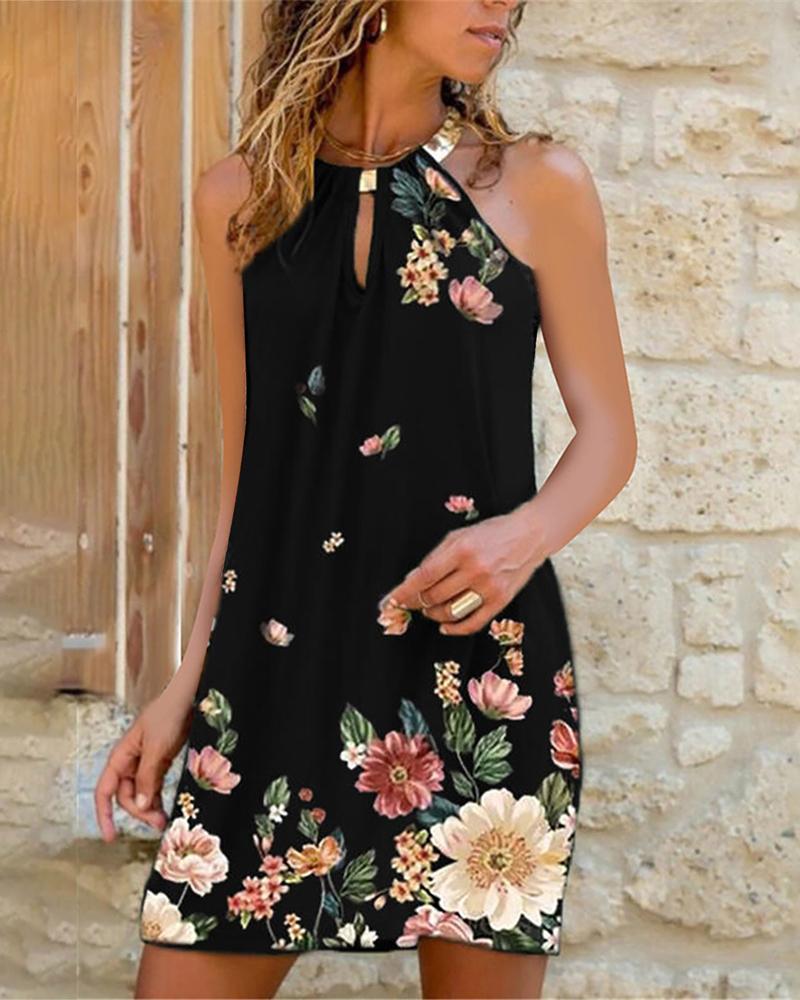 

Floral Print Metal Halter Casual Dress, Black
