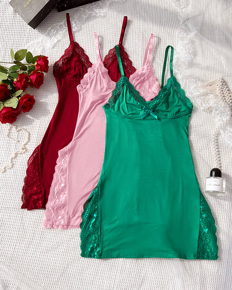 

3-Pack Solid Color Cute Pajamas Lace Trim Side Slit Bowknot Decor Modal Cami Sleep Dress, Style1