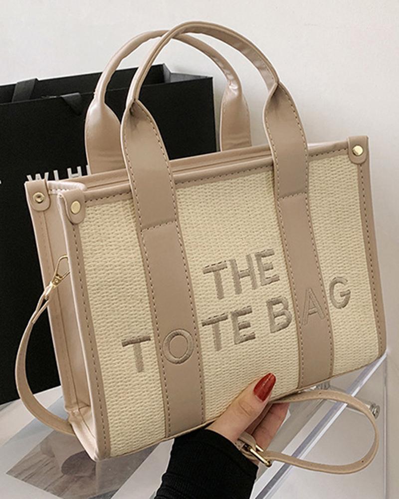 

Letter Embroidery Versatile All-Match Straw Tote Bag, Khaki