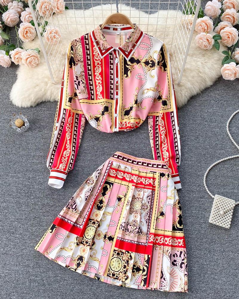 

Baroque Print Shirt & Pleated Skirt Set, Red