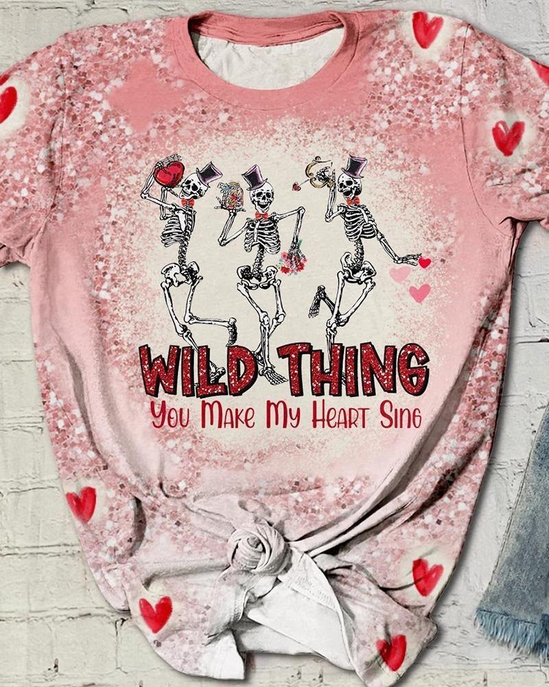

Halloween Dancing Skeleton Heart Print Bleached T-Shirt, Pink