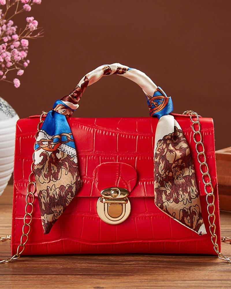 

Scarf Decor Crocodile Shoulder Bag, Red