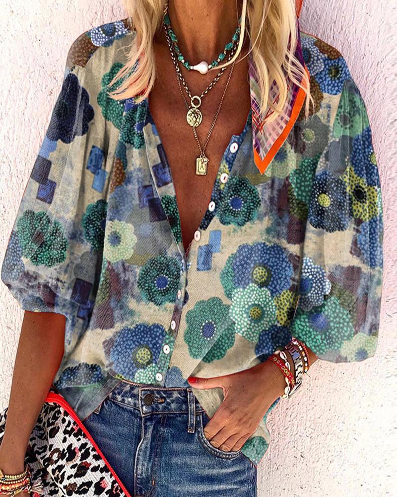 

Floral Print Buttoned Lantern Sleeve Shirt, Lighted blue