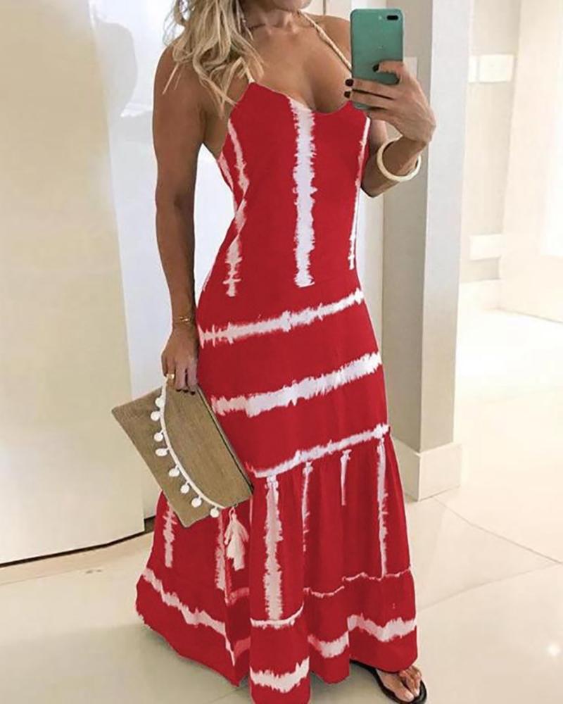 

Boho Maxi Dress Loose Casual V Neck Sleeveless Fashion Tie Dye Print Vest Swing Long Beach Dresses, Red