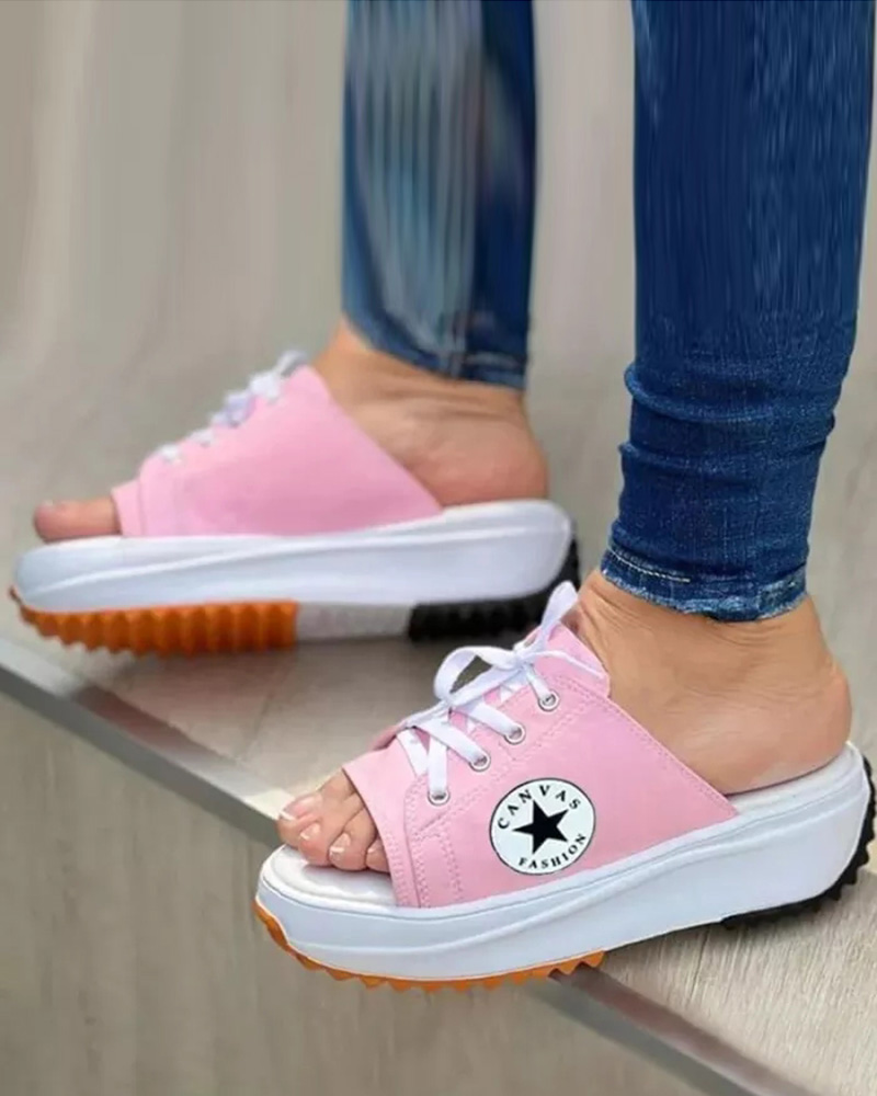 

Peep Toe Lace-up Platform Canvas Slippers, Pink