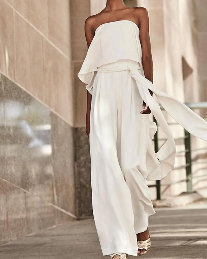 

Bandeau Flowy Wide Leg Jumpsuit With Belt, White