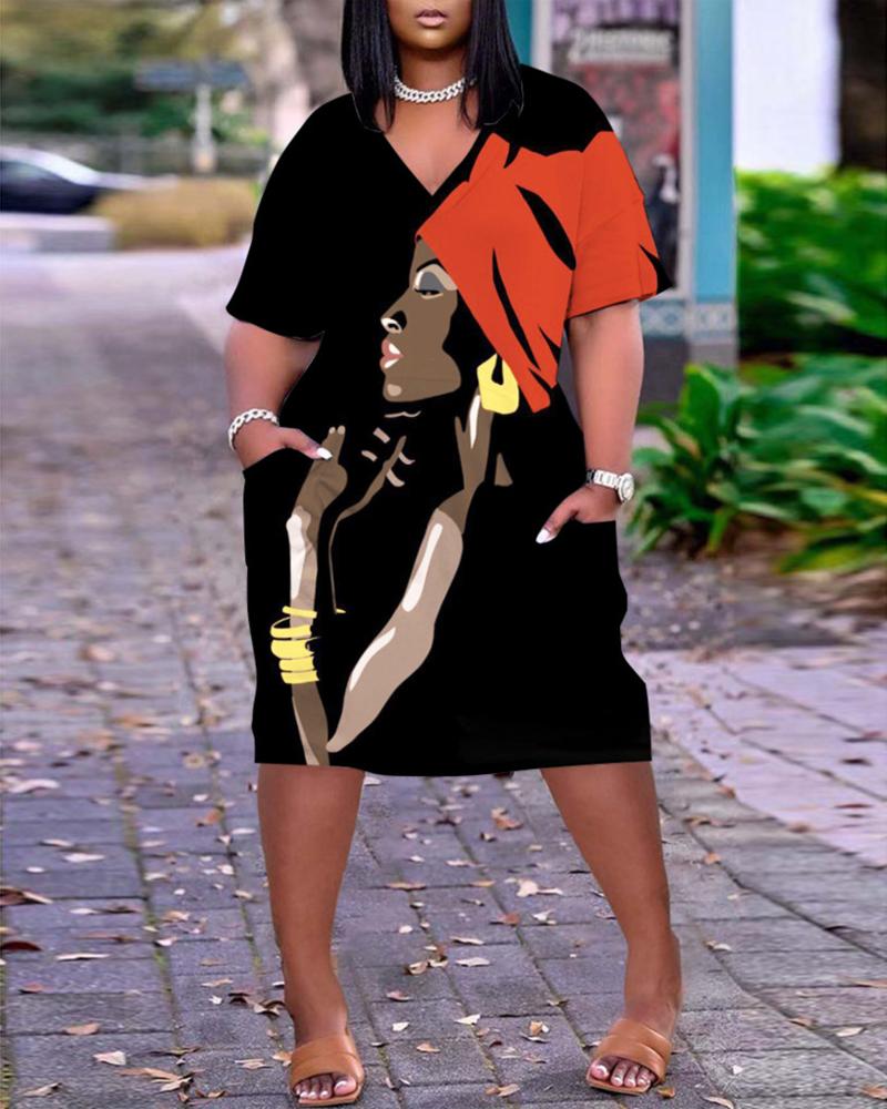 

Plus Size Figure Print Pocket Detail Casual Dress, Black