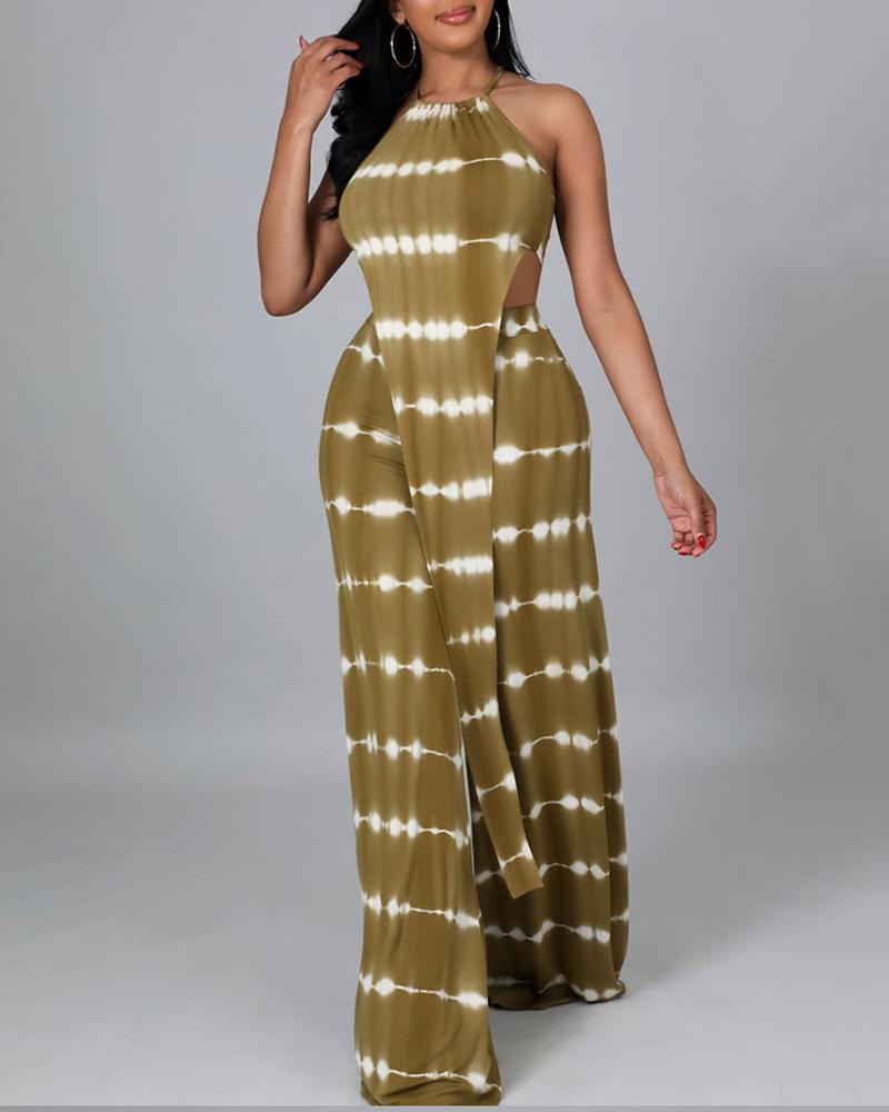 

Tie Dye Print Asymmetrical Top & Wide Leg Pants Set, Brown