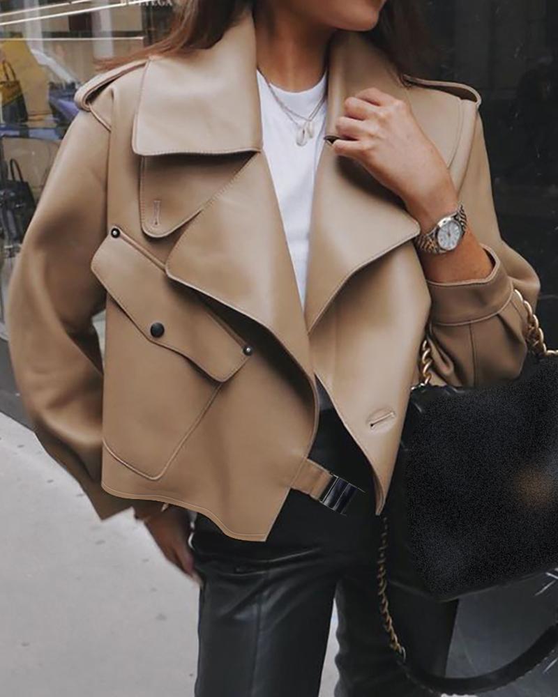 

Long Sleeve PU Leather Pocket Decor Buttoned Coat, Khaki