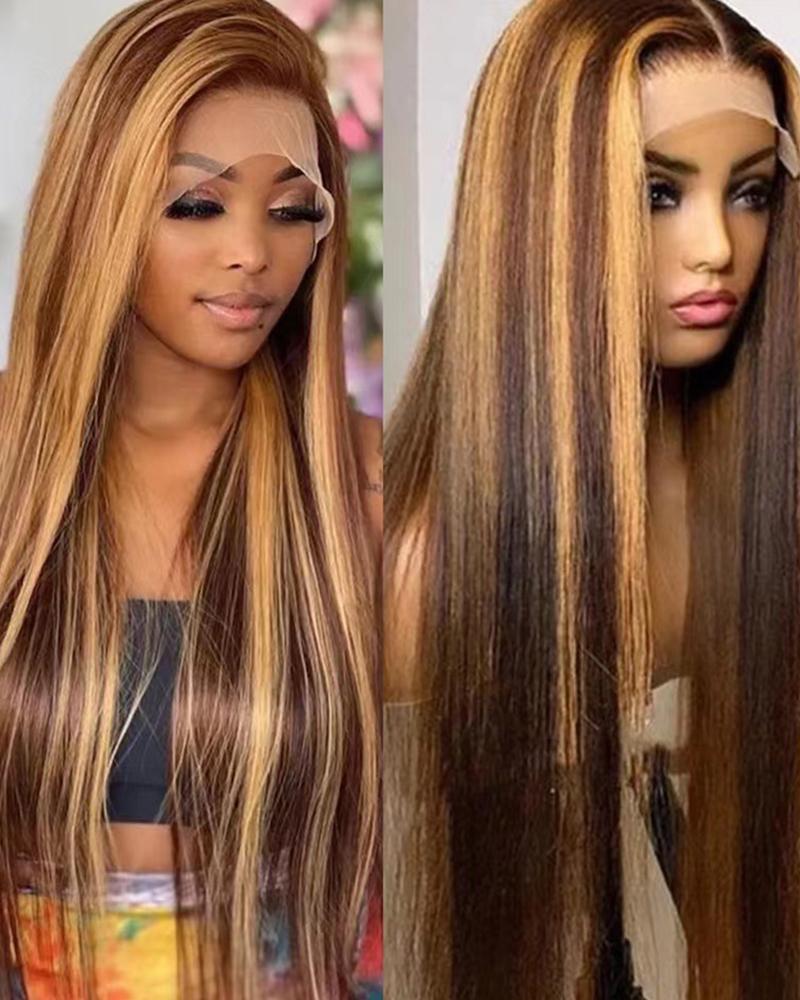 Mettez en surbrillance Ombre Honey Blonde longue ligne droite Lace Front perruque de cheveux synthétiques