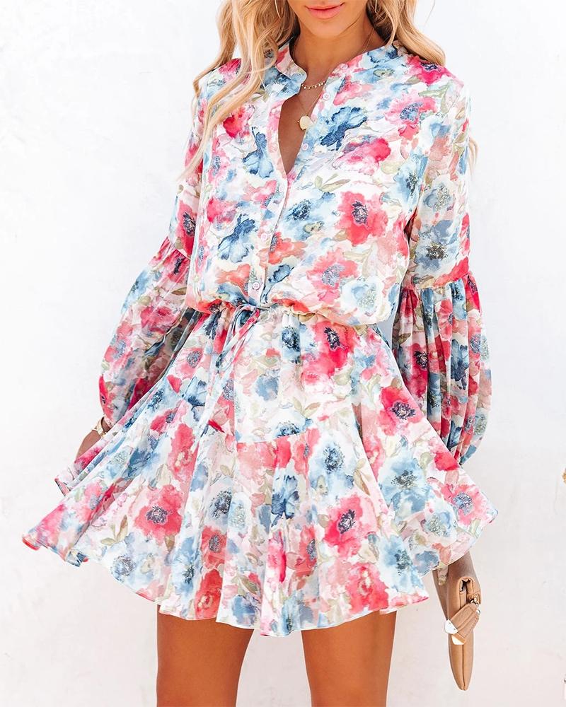 

Floral Print Button Front Ruffle Hem Drawstring Lantern Sleeve Dress, Multicolor