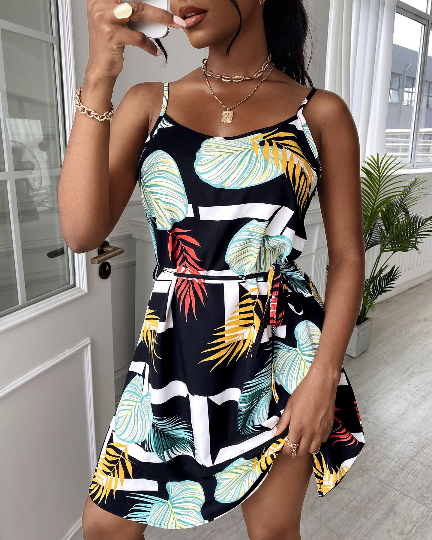 

Spaghetti Strap Tropical Print Dress, Style1
