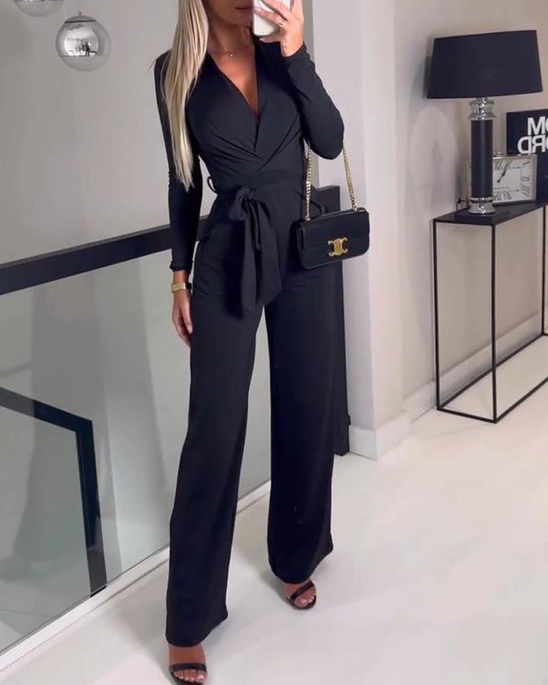 

Long Sleeve V-Neck Belted Jumpsuit, Black
