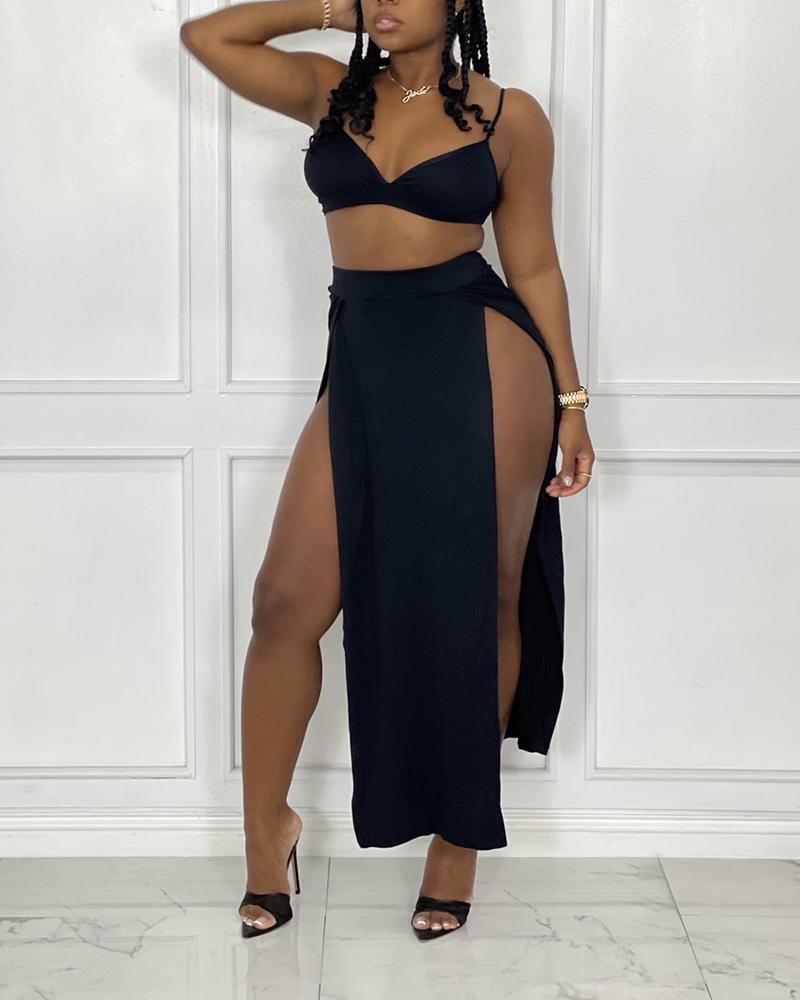 

Bust Crop Top & Split Thigh Skirt Set, Black