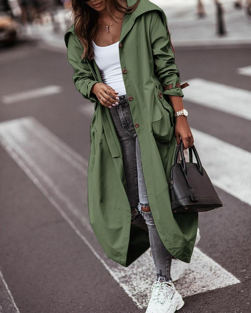 

Single Breasted Pocket Design Belted Hem Trench Coat, Army green