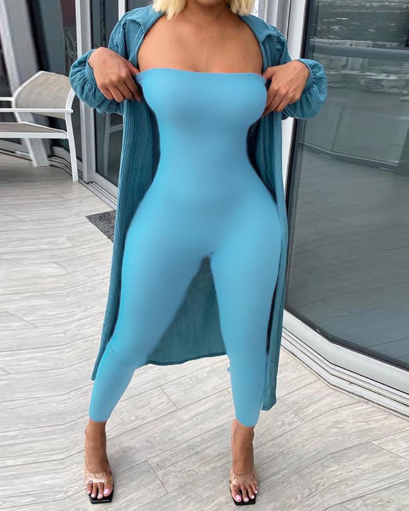 

Plain Bandeau Sleeveless Skinny Jumpsuit, Blue