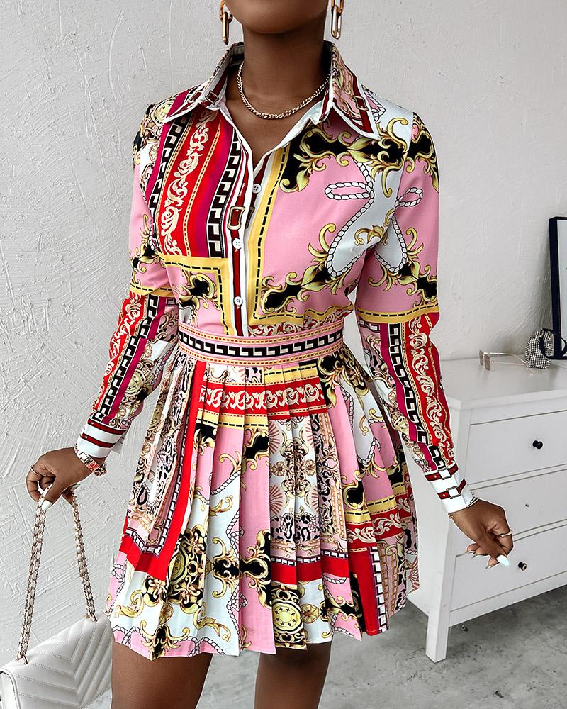 

Baroque Print Shirt & Pleated Skirt Set, Red