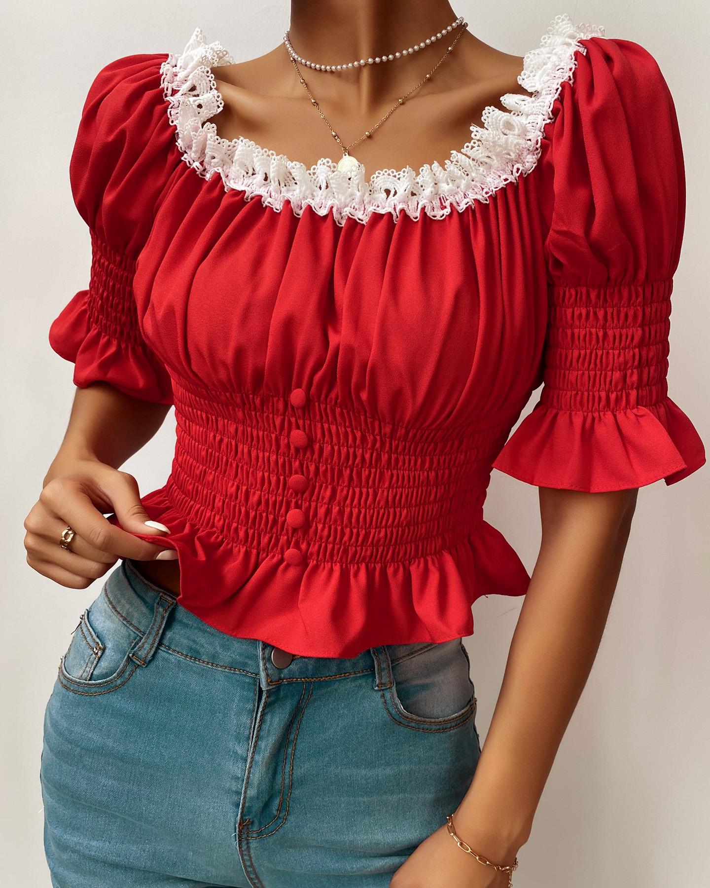 

Plain Puff Sleeve Frill Hem Shirred Button Front Top, Red