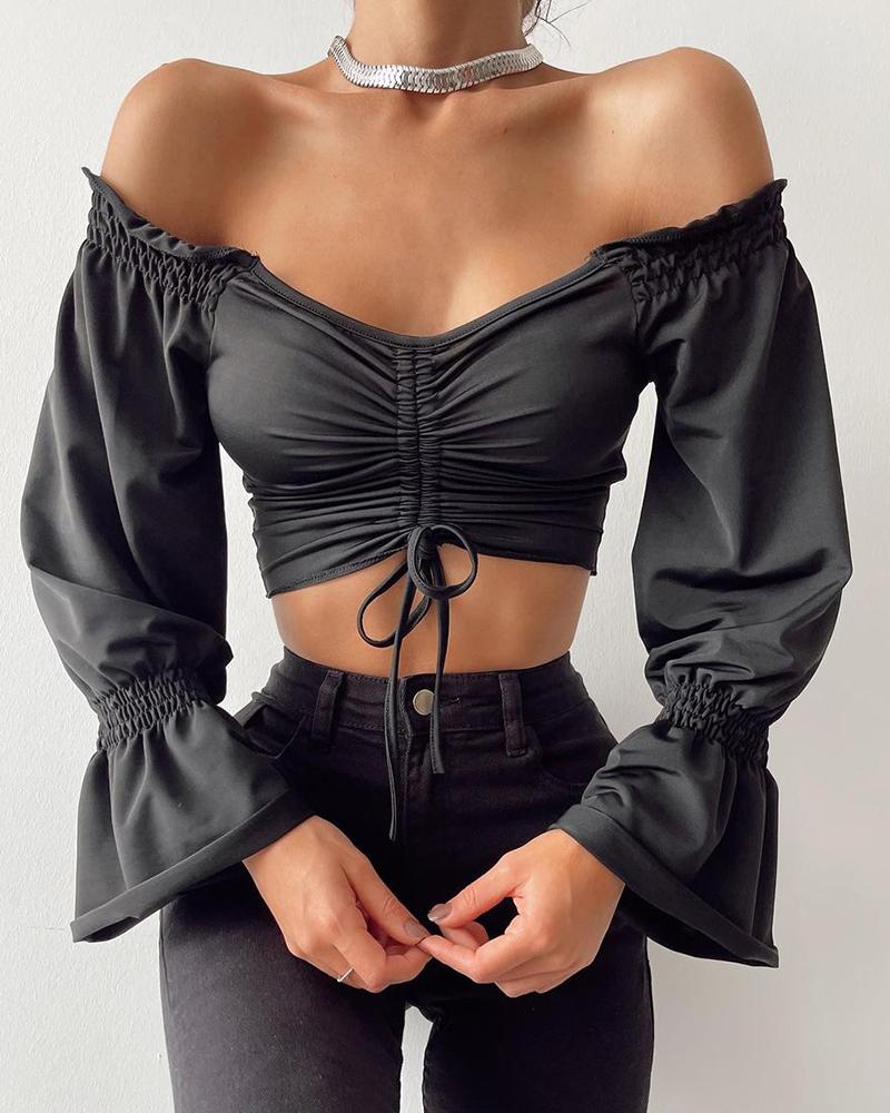 

Lantern Bell Sleeve Frill Hem Drawstring Top, Black