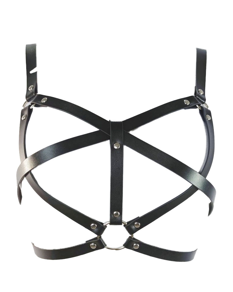 

O-Ring PU Leather Buckled Body Harness, Black