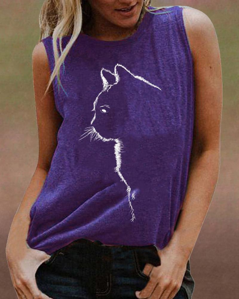 

Catty Graphic Sleeveless Loose Tanks, Purple