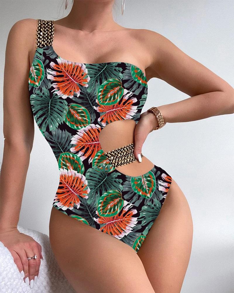 

Tropical Print Cutout One Piece Swimsuit, Green