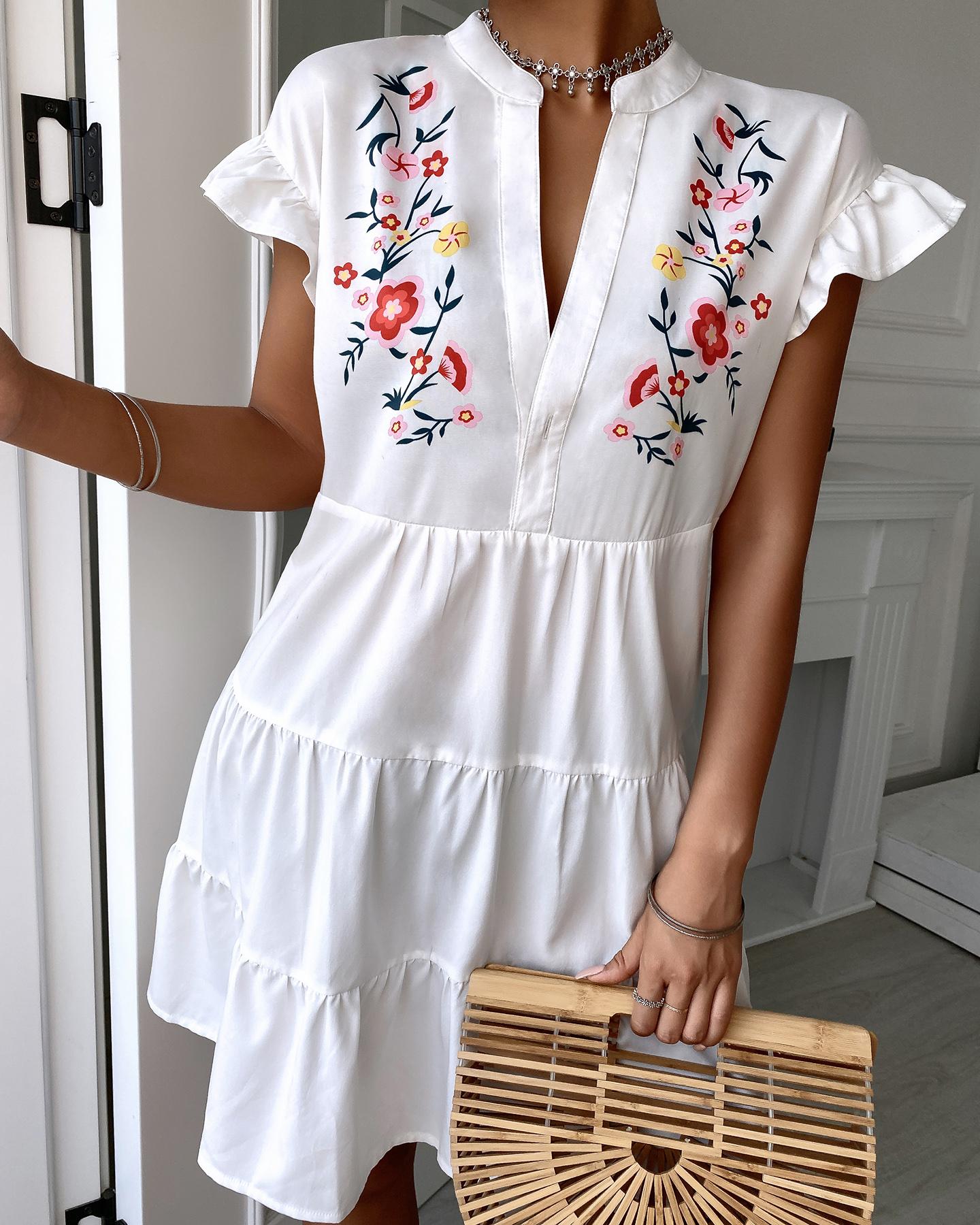 

Ditsy Floral Print Ruffles Casual Dress, White