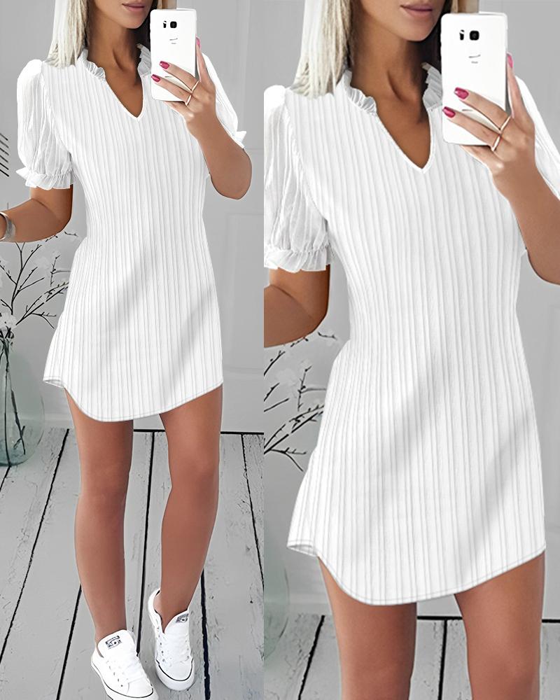 

Puff Sleeve Ruffle Hem Textured Casual Dress, White