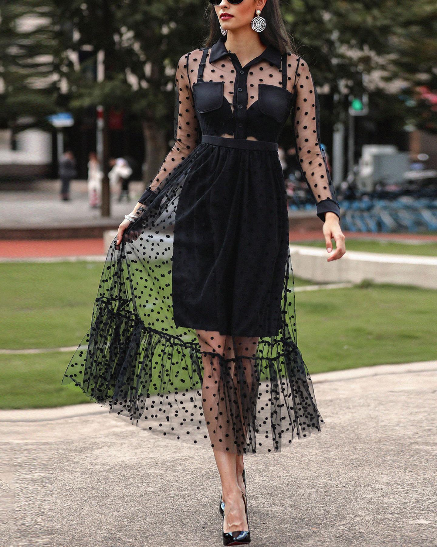 

Long Sleeve Dots Sheer Mesh Dress, Black