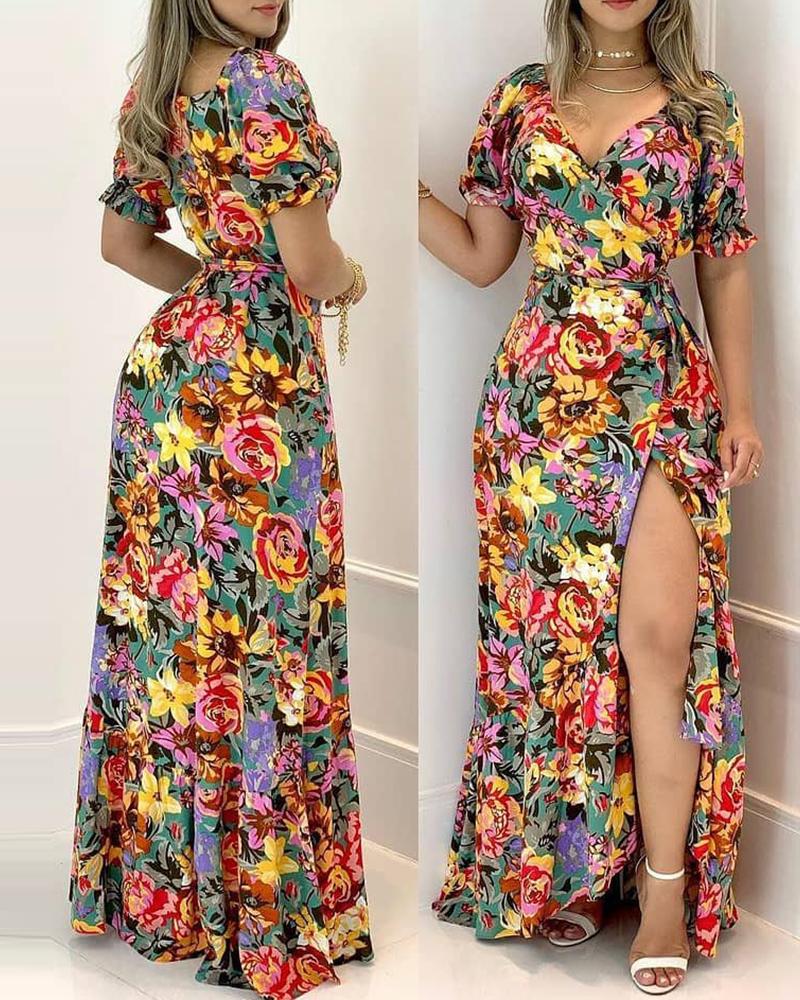 

Floral Print High Slit Bell Sleeve Maxi Dress, Multicolor