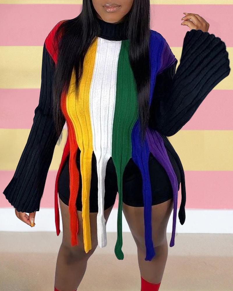 

Striped Colorblock Tassel Design Long Sleeve Sweater, Black