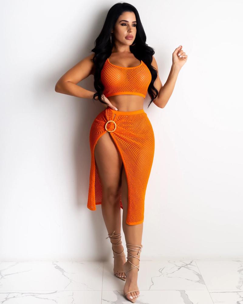 

Solid See-through Skinny Tanks With Slit Skirts Skirt Sets, Orange