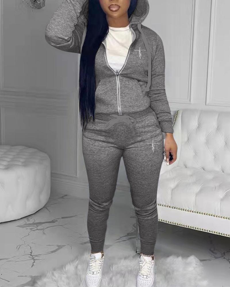 

Zipper Pocket Design Letter Print Hoodie & Drawstring Pants Set, Gray