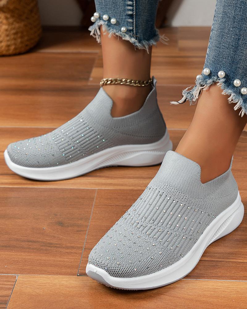 

Rhinestone Decor Platform Knit Running Sneakers, Gray