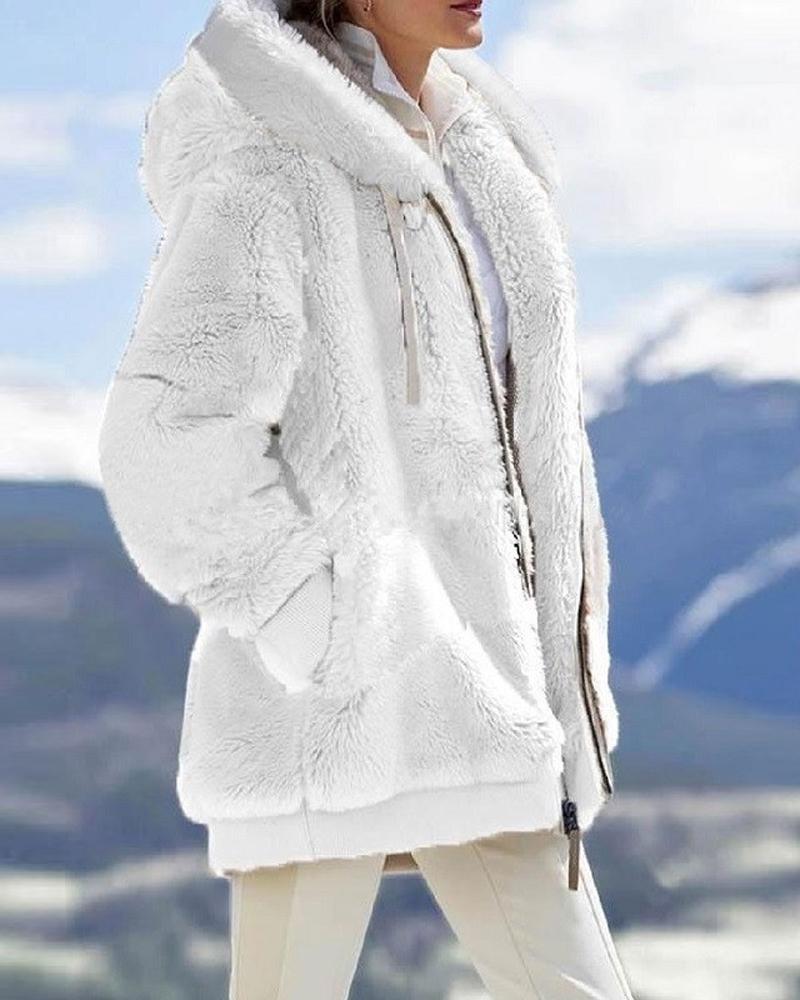 

Plus Size Long Sleeve Fuzzy Hooded Zip Up Teddy Coat, White